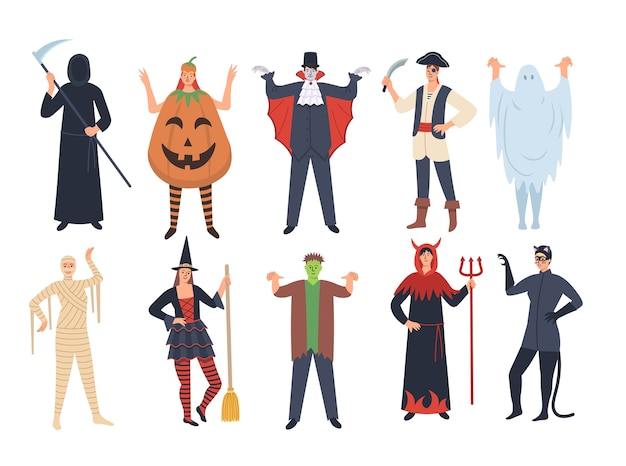 Conjunto de personajes de dibujos animados de Halloween: calabaza, vampiro, muerte, fantasma, bruja, Frankenstein, pirata, diablo, catwoman. Fiesta de Halloween. ilustración de dibujos animados.