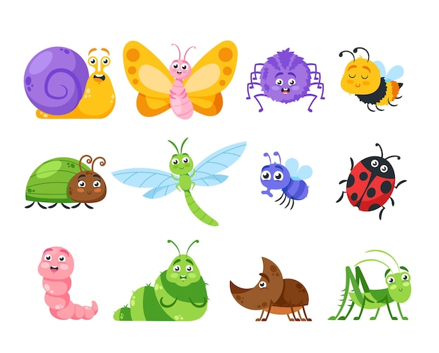 Vector conjunto de personajes de dibujos animados de insectos lindos aislados caracol mariposa araña y abeja insecto libélula o mosca con mariquita