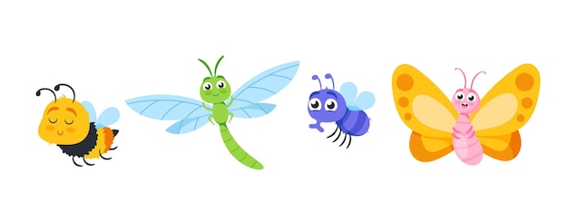 Conjunto de personajes de dibujos animados de insectos lindos mariposa abeja libélula o mosca aislado sobre fondo blanco personajes divertidos