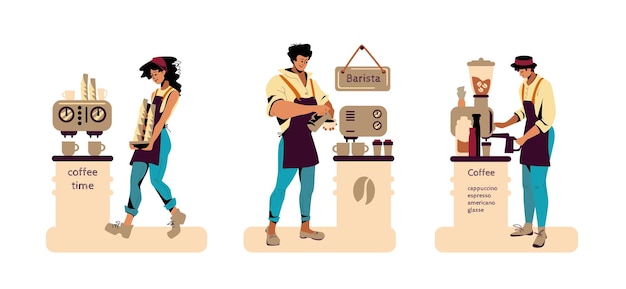 Conjunto de personajes de dibujos animados de jóvenes que trabajan como baristas