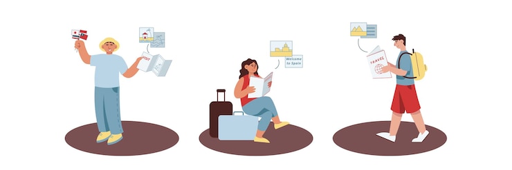 Vector conjunto de personajes de dibujos animados de jóvenes turistas y viajeros con equipaje y mapa