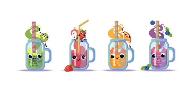 Vector conjunto de personajes de dibujos animados de kiwi naranja fresa frambuesa batido o jugo ilustración vectorial