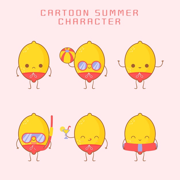 Conjunto de personajes de dibujos animados lindo de fruta de limón de verano