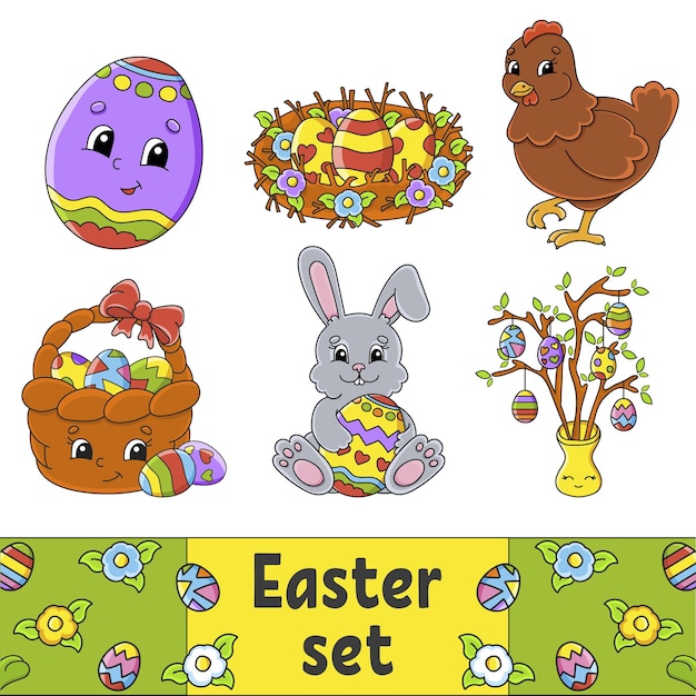 Conjunto de personajes de dibujos animados lindo pascua clipart dibujado a mano