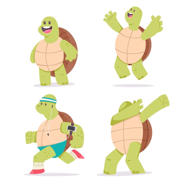 Vector conjunto de personajes de dibujos animados lindo tortuga. ilustración del animal mascota divertida aislado en un fondo blanco.