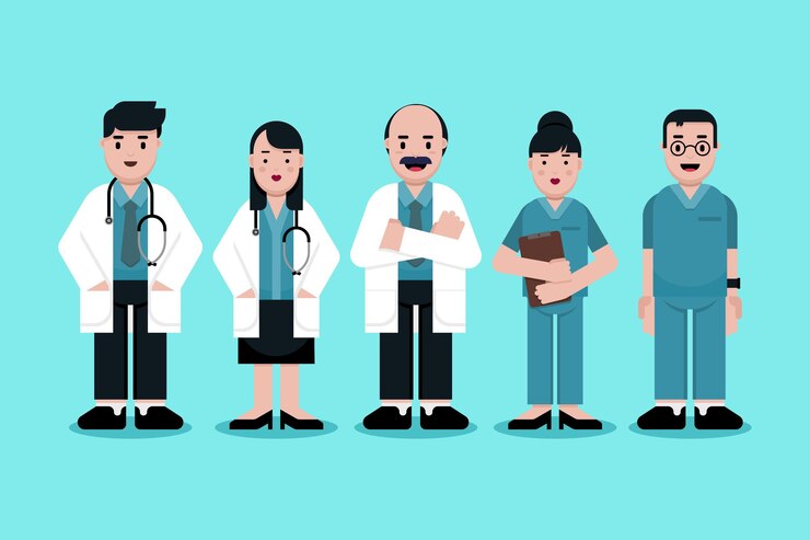 Conjunto de personajes de dibujos animados de médicos y enfermeras. concepto de equipo de personal médico en el hospital.