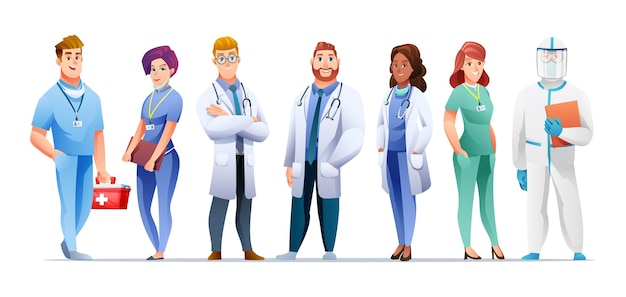 Conjunto de personajes de dibujos animados de médicos y enfermeras