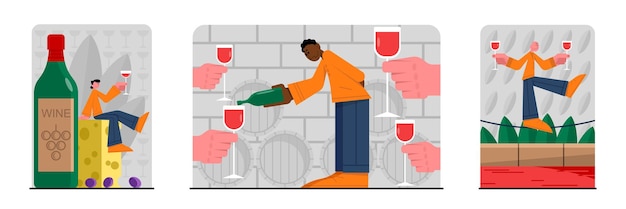 Conjunto de personajes de dibujos animados multirraciales degustando vino de uvas orgánicas
