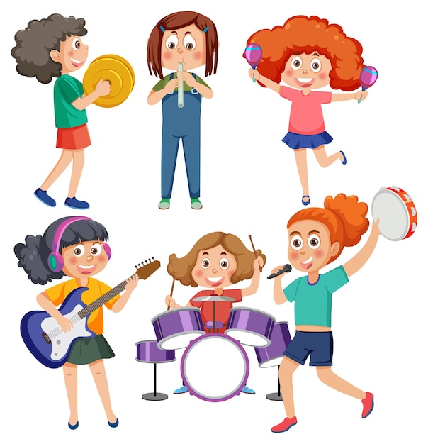 Conjunto de personajes de dibujos animados para niños con instrumentos musicales.