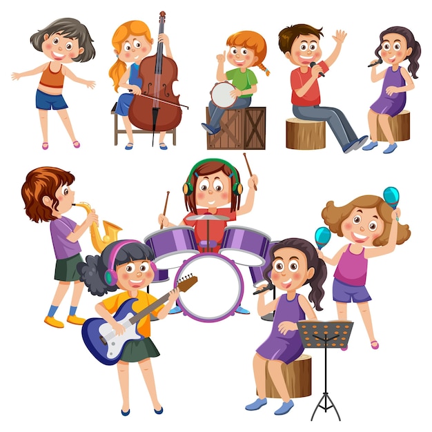 Conjunto de personajes de dibujos animados para niños con instrumentos musicales.