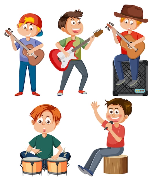 Vector conjunto de personajes de dibujos animados para niños con instrumentos musicales.