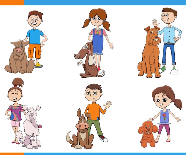 Conjunto de personajes de dibujos animados de niños y sus perros.