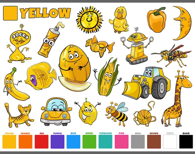 Conjunto con personajes de dibujos animados y objetos en amarillo.