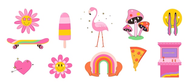 Conjunto de personajes de dibujos animados y objetos en estilo retro flamencos arco iris sonriente máquina tragamonedas vintage skateboarding divertido champiñones pizza corazón con flecha