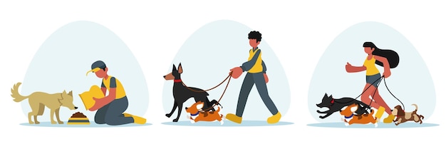 Vector conjunto de personajes de dibujos animados de organizaciones de voluntariado con perros.