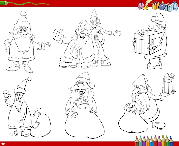 Conjunto de personajes de dibujos animados de papá noel para colorear página
