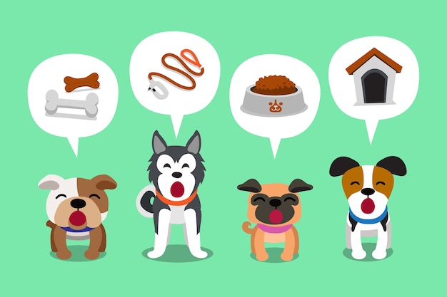 Conjunto de personajes de dibujos animados perros lindos y burbujas de discurso