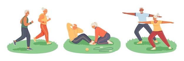 Conjunto de personajes de dibujos animados de personas mayores haciendo deportes juntos