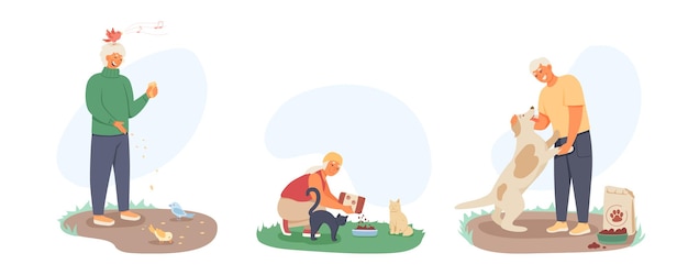 Conjunto de personajes de dibujos animados de personas mayores que pasan tiempo con mascotas