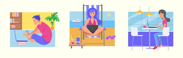 Conjunto de personajes de dibujos animados de personas que trabajan en computadoras portátiles de diferentes lugares