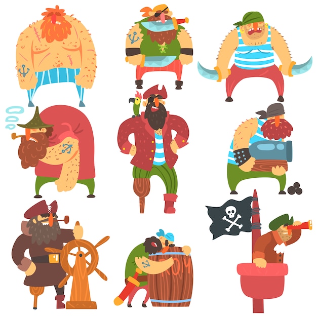 Conjunto de personajes de dibujos animados de piratas desaliñados