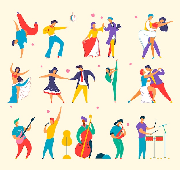 Vector conjunto de personajes de dibujos animados planos personas tocando música, bailando, hombre mujer