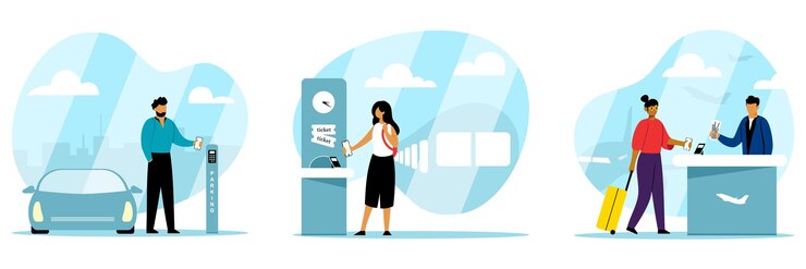 Vector conjunto de personajes de dibujos animados que pagan servicios usando teléfonos inteligentes