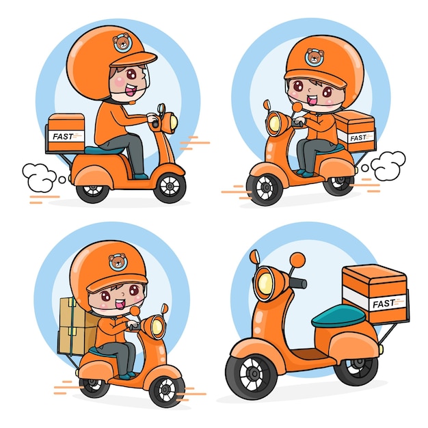 Conjunto de personajes de dibujos animados repartidor paseo en motocicleta, envío rápido expreso vector de ilustración plana