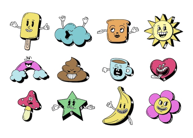 Un conjunto de personajes de dibujos animados retro de los años 30 Sonrisa cómica vintage vector multicolor