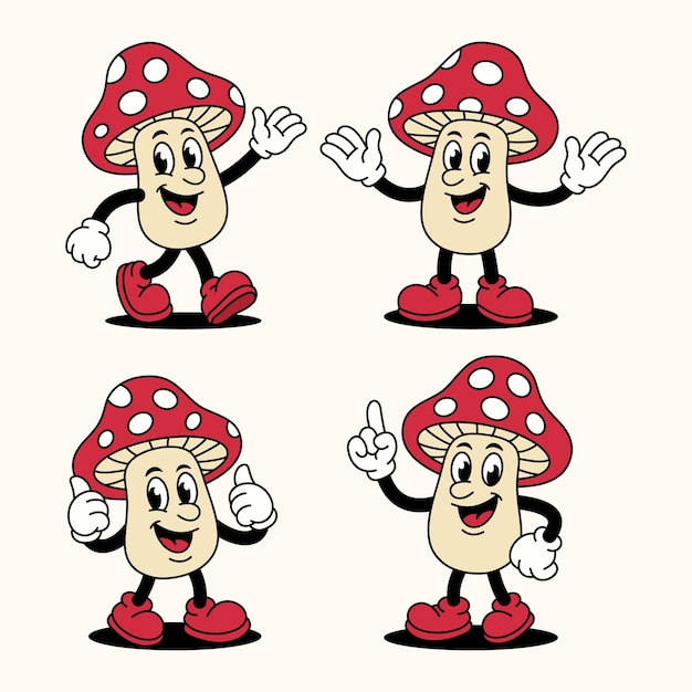 Conjunto de personajes de dibujos animados Retro Mushroom