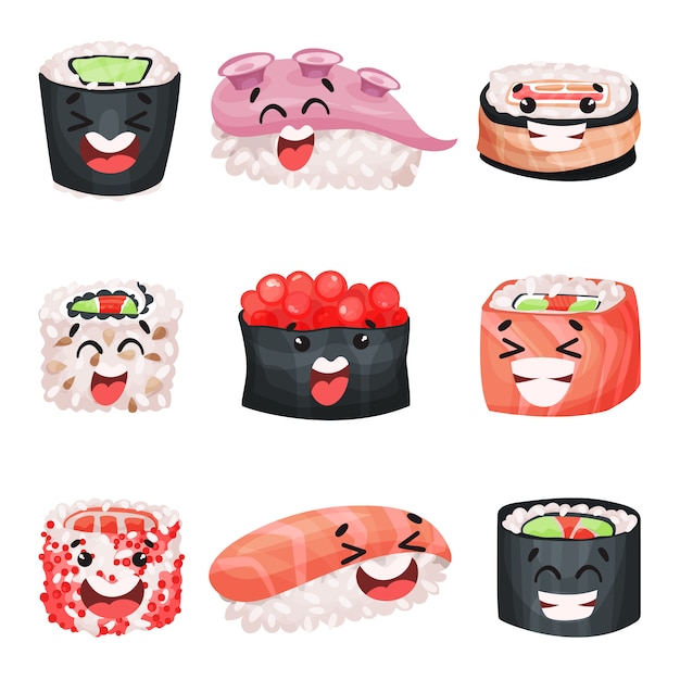 Conjunto de personajes de dibujos animados de sushi, comida japonesa con caras divertidas Ilustraciones