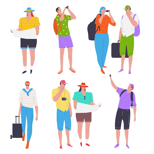 Conjunto de personajes de dibujos animados de turistas y viajeros.