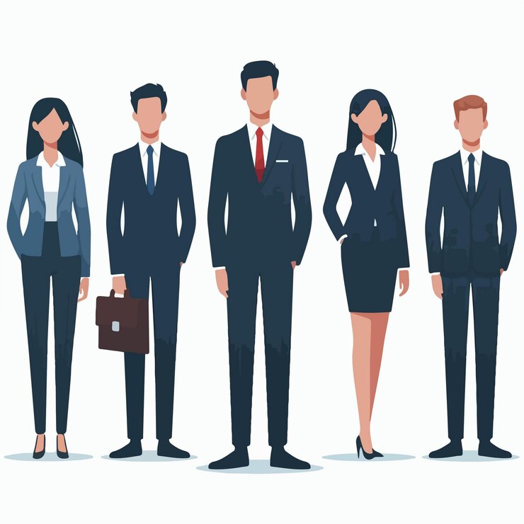 Vector conjunto de personajes de diseño plano de hombres y mujeres de negocios exitosos que llevan elegantes trajes de oficina