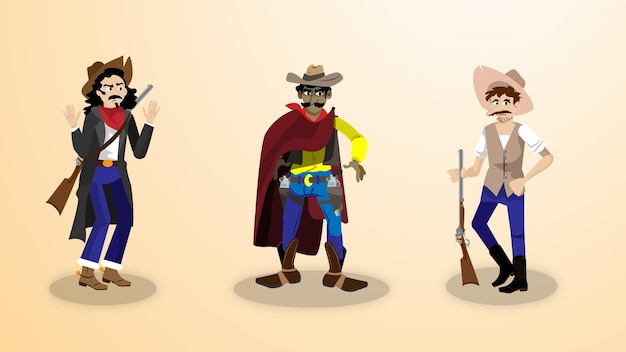 Conjunto de personajes de diseño plano vaqueros en el salvaje oeste.