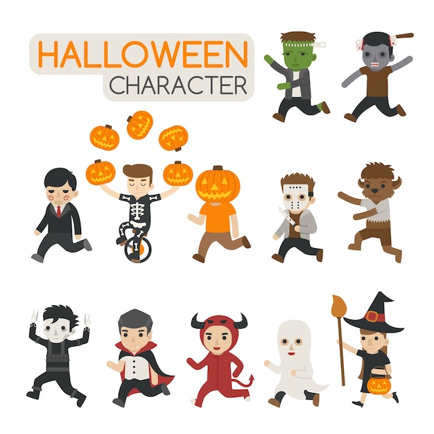 Conjunto de personajes de disfraces de halloween, truco o trato