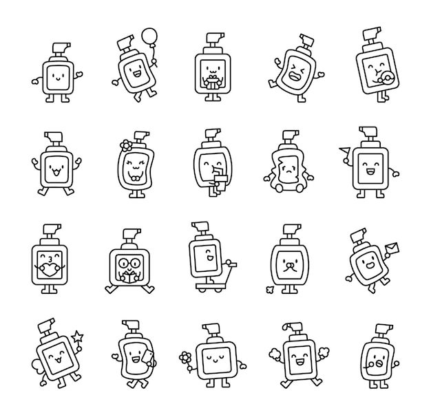 Conjunto de personajes divertidos de botellas de jabón líquido