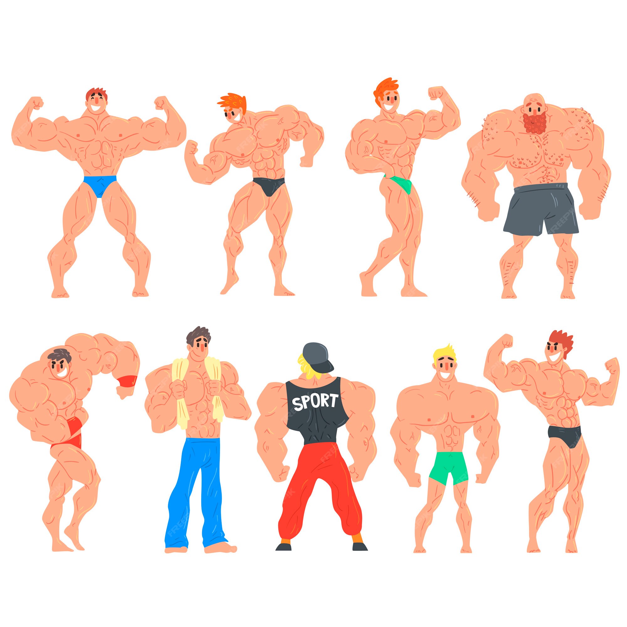 Conjunto de personajes divertidos culturistas musculosos | Vector Premium Conjunto de personajes divertidos culturistas musculosos | Vector Premium