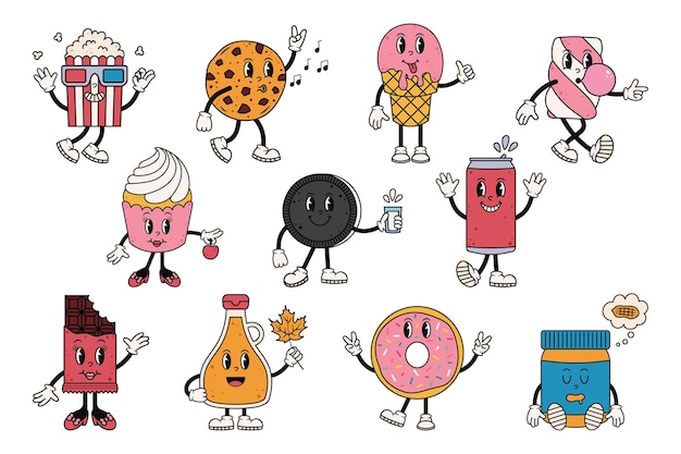 Vector conjunto de personajes con dulces mascota retro linda ilustración vectorial aislada de dibujos animados