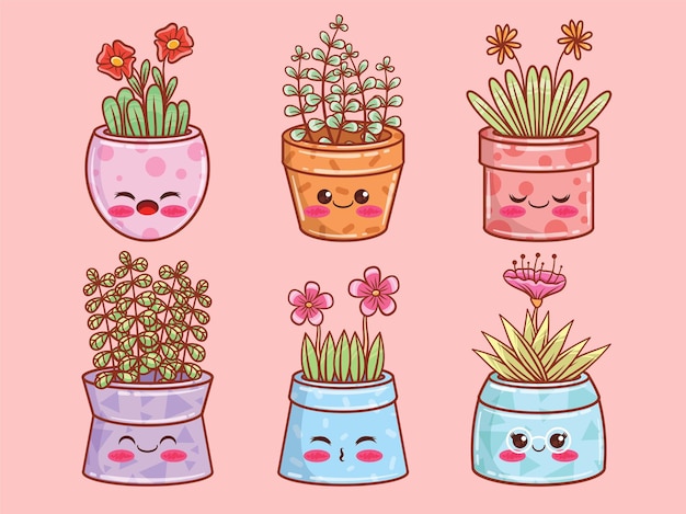 conjunto de personajes e ilustraciones de dibujos animados de maceta de verano lindo.