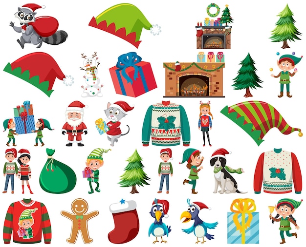 Vector conjunto de personajes y elementos navideños.