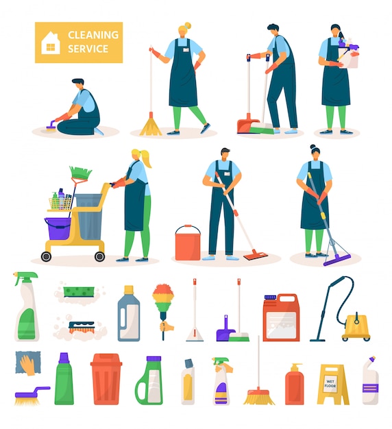 Conjunto de personajes, equipos y herramientas de los trabajadores de servicio de limpieza de ilustración. Limpiadores profesionales en el trabajo, trapeadores, aspiradoras de piso, baldes, esponjas y detergentes limpios.