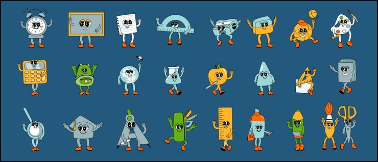 Vector conjunto de personajes escolares de y2k colección de suministros escolares groovy