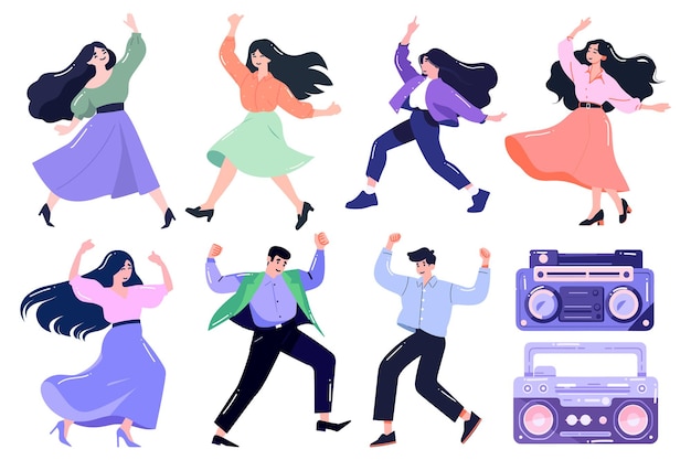 Un conjunto de personajes están bailando felices en estilo plano aislados en el fondo