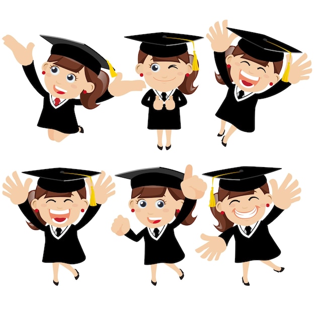 Conjunto de personajes de estudiantes graduados en diferentes poses.