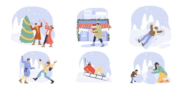 Conjunto de personajes familiares de dibujos animados planos que realizan actividades al aire libre en invierno