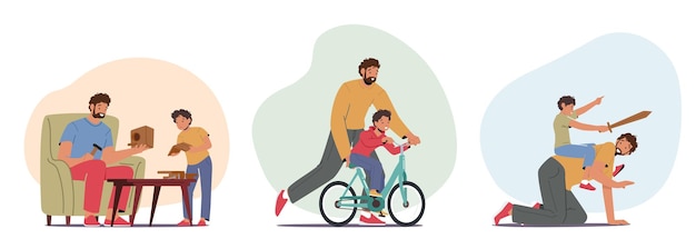 Conjunto de personajes familiares felices papá e hijo pequeño pasan tiempo juntos construyendo casa de pájaros montando bicicleta jugando en caballeros niño montando en padre espalda dibujos animados personas vector ilustración