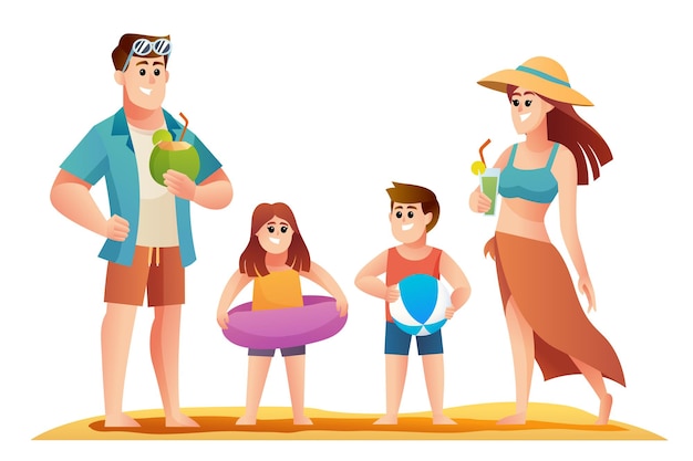 Conjunto de personajes de felices vacaciones familiares en la playa.