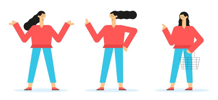 Vector conjunto de personajes femeninos cómicos planos presentación en varias acciones diseño vectorial