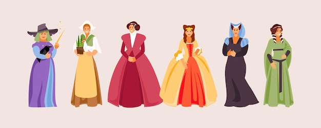 Vector conjunto de personajes femeninos medievales princesa reina bruja campesina señora de la corte ilustración vectorial