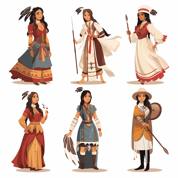 Conjunto de personajes femeninos vestidos históricamente